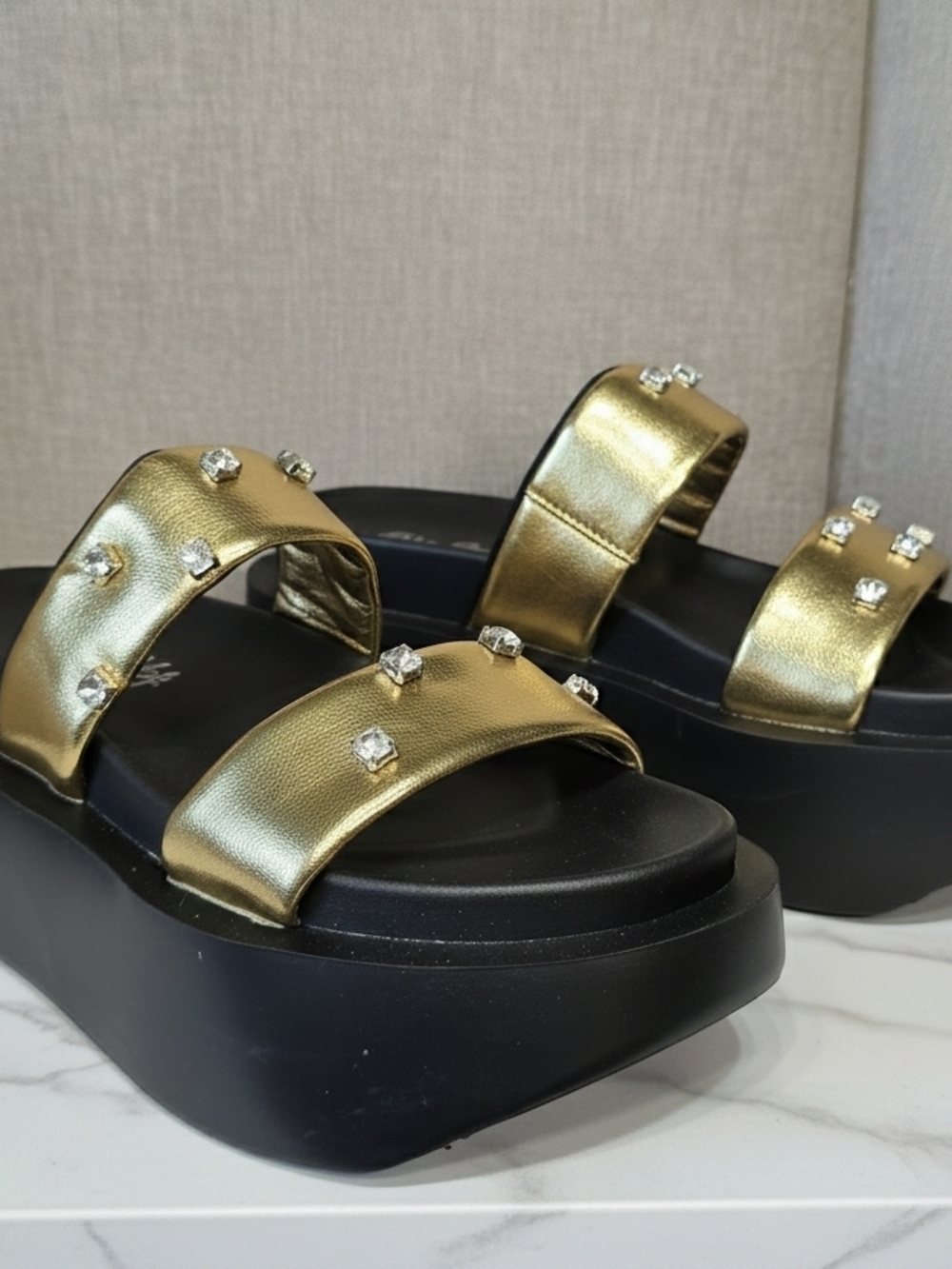 Gold Embellished Strap Platform Slide Sandals - Women